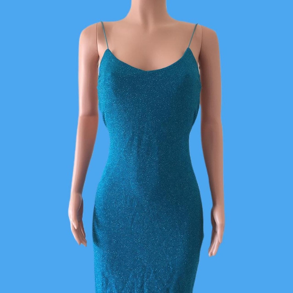 Vintage 90s / Y2K City Triangles Sparkling Teal Spaghetti Strap Dress